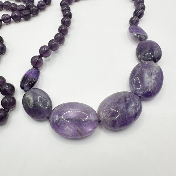 Purple Amethyst Beaded Necklace Very Long Round Beads Flat Stone Unique - Picture 4 of 12